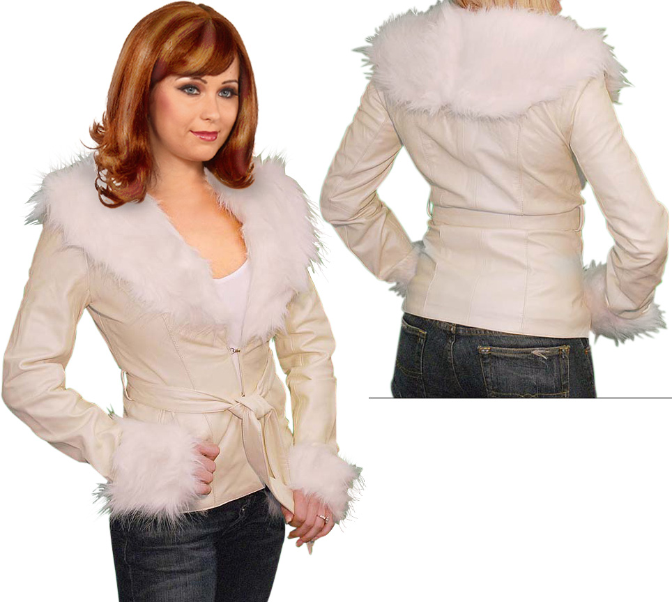 Fur Trim Leather Jacket with Removable Belt