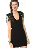 Elite Short Black Dress with Leather Tassels | Womens Leather Dress