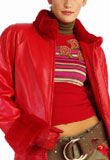Womens-Red-Fur-Collar-Cuffs| Red-Leather-Jacket| Coat| Halters| Vests| Motorcycle-Apparel