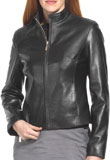 Black Short Length Front Zip Stand Collar Leather Bomber